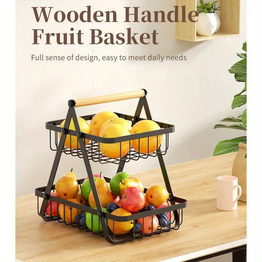 3-Tier Metal Storage Basket With Wooden Handle