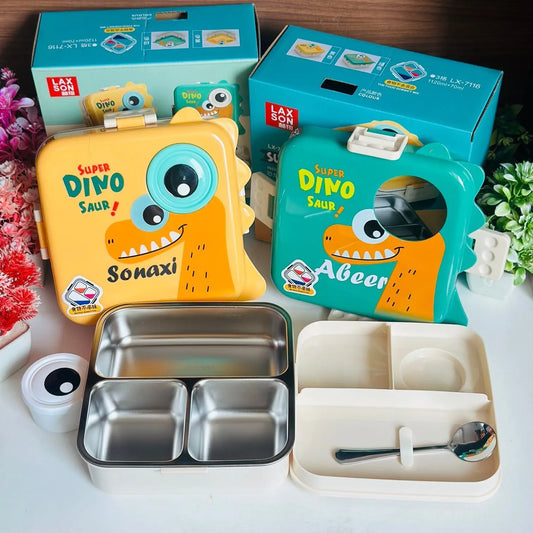 Dino Eye Kids Carnival Bento 1120ml Steel Lunch Box with Spoon and 70ml Salad Cup